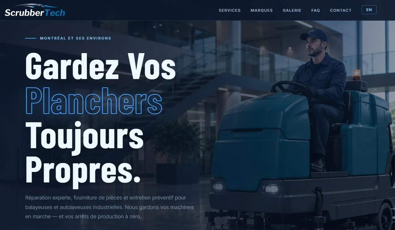 Page d'accueil du site de ScrubberTech : « Gardez vos planchers toujours propres. » Réparation d'autolaveuses à Montréal.
